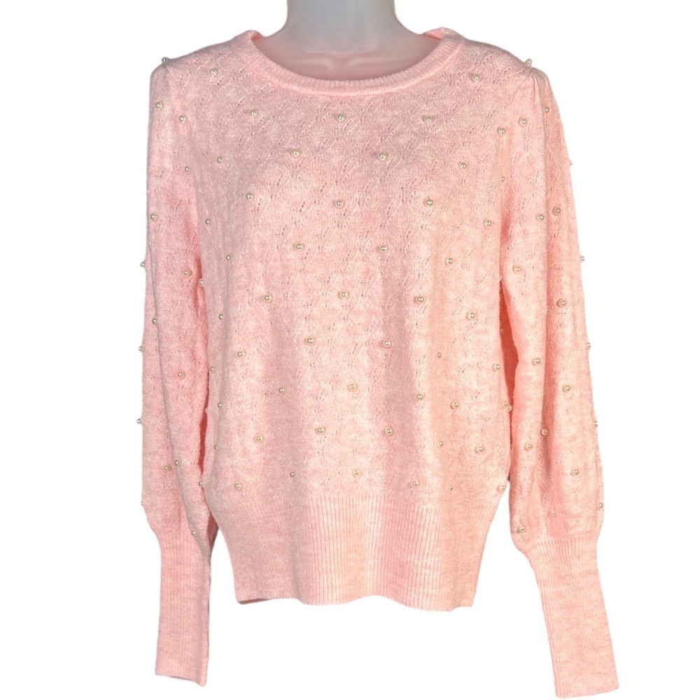 Lilly Pulitzer Eda Sweater Pink Blossom Pearl Embellished Puff Sleeve Small NEW